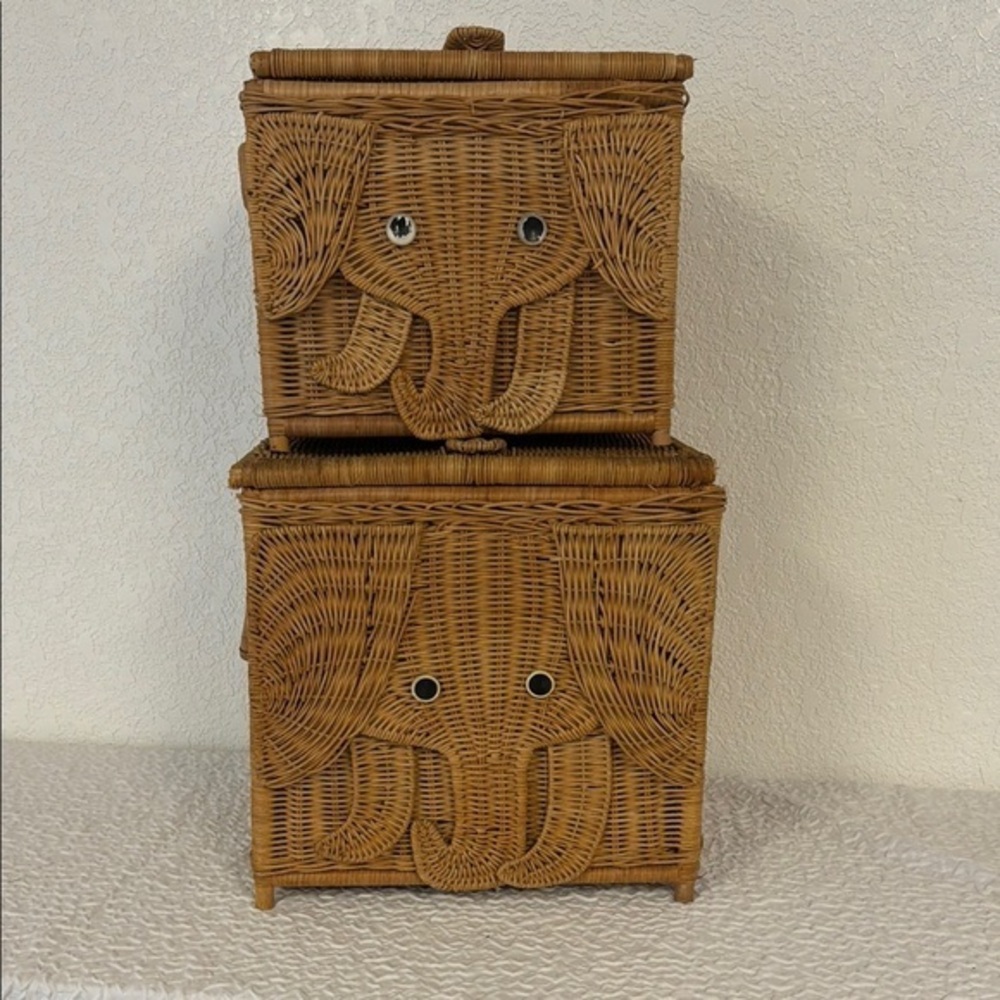 Two Adorable Vintage Elephant Design Wicker Storage Trunks/Baskets - Brown